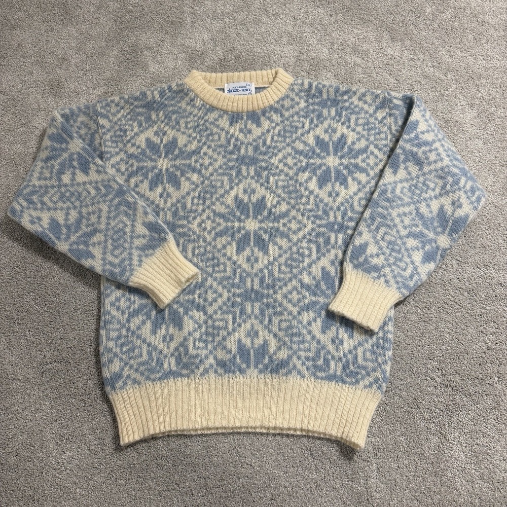 Vintage Icelandic‎ Ice Knit Sweater Adult Sz M Cream/Blue Wool Fair Isle Nordic